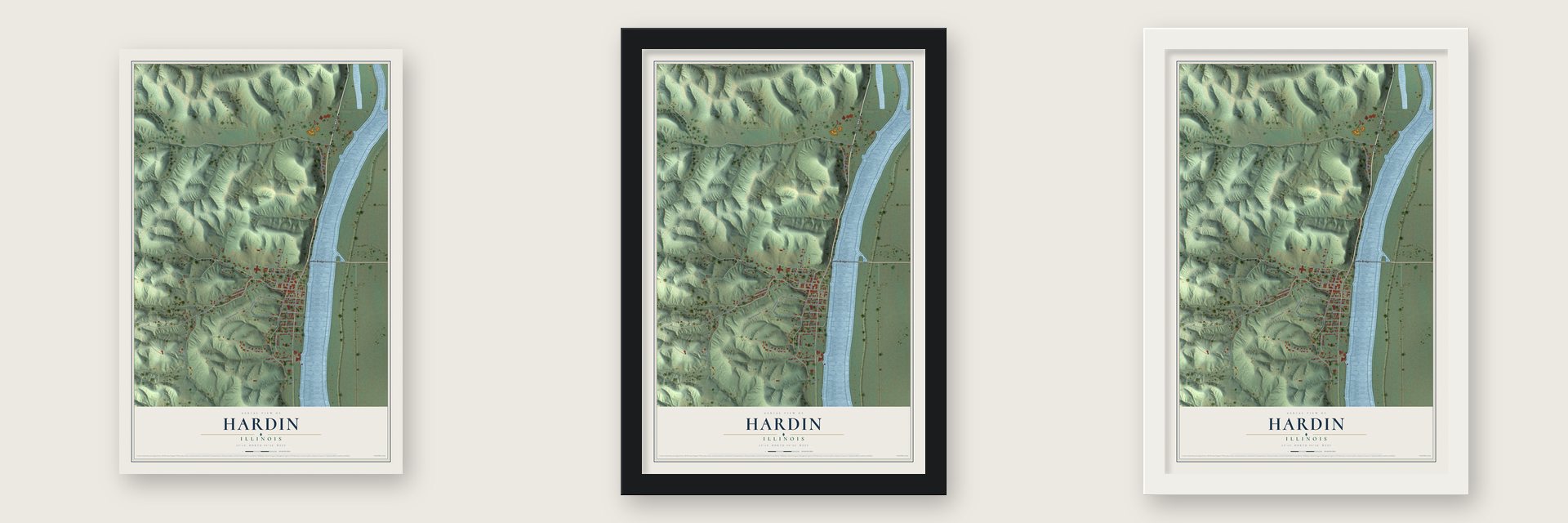 Hardin, Illinois map unframed, in a black wood frame and in a white wood frame