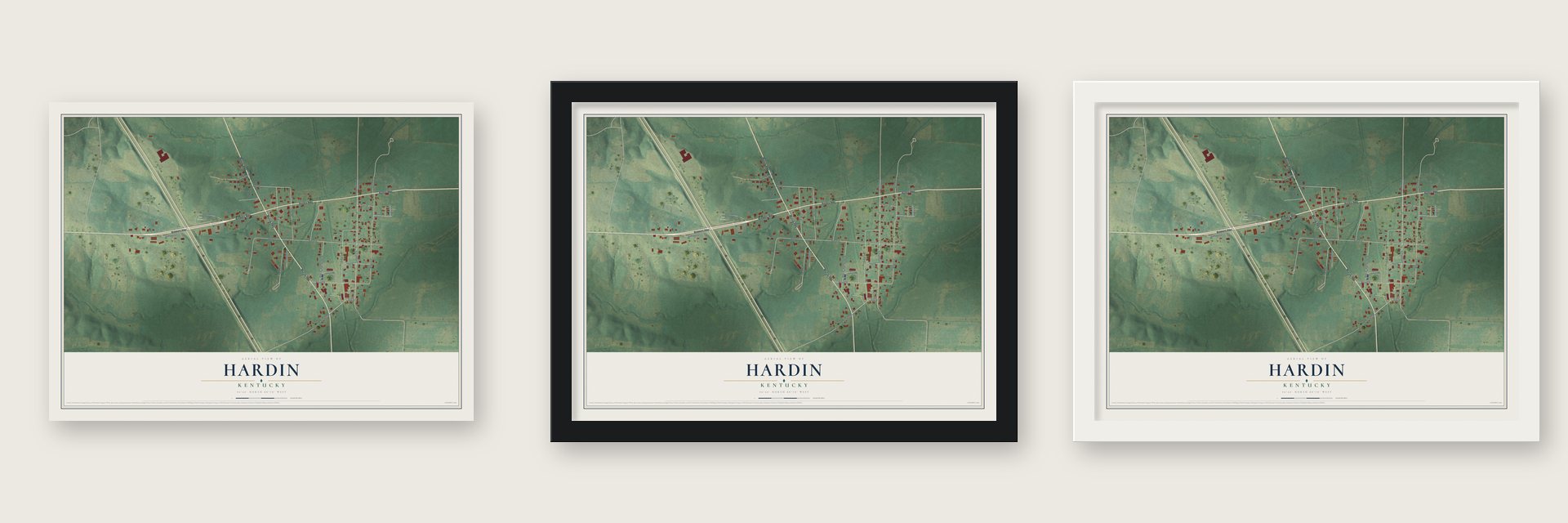 Hardin, Kentucky map unframed, in a black wood frame and in a white wood frame