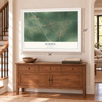 Hardin, Kentucky map, 24 x 36 inch print in a white frame above a dresser by a staircase
