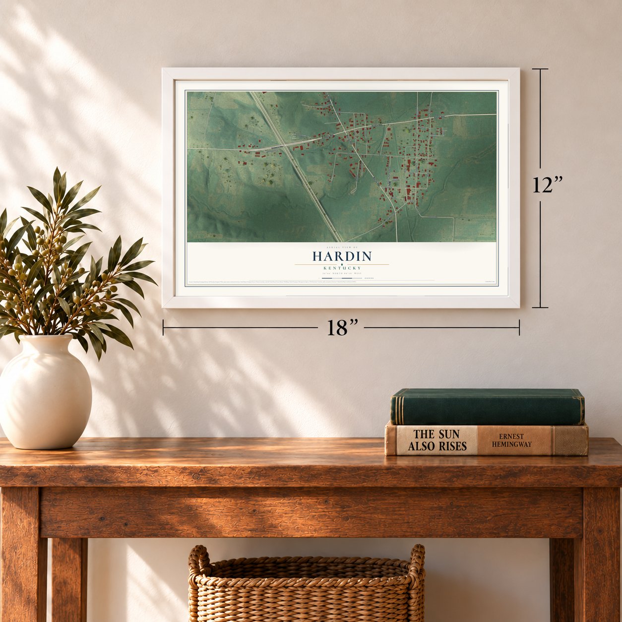 Hardin, Kentucky map, 12 x 18 inch print in a white frame in an entryway