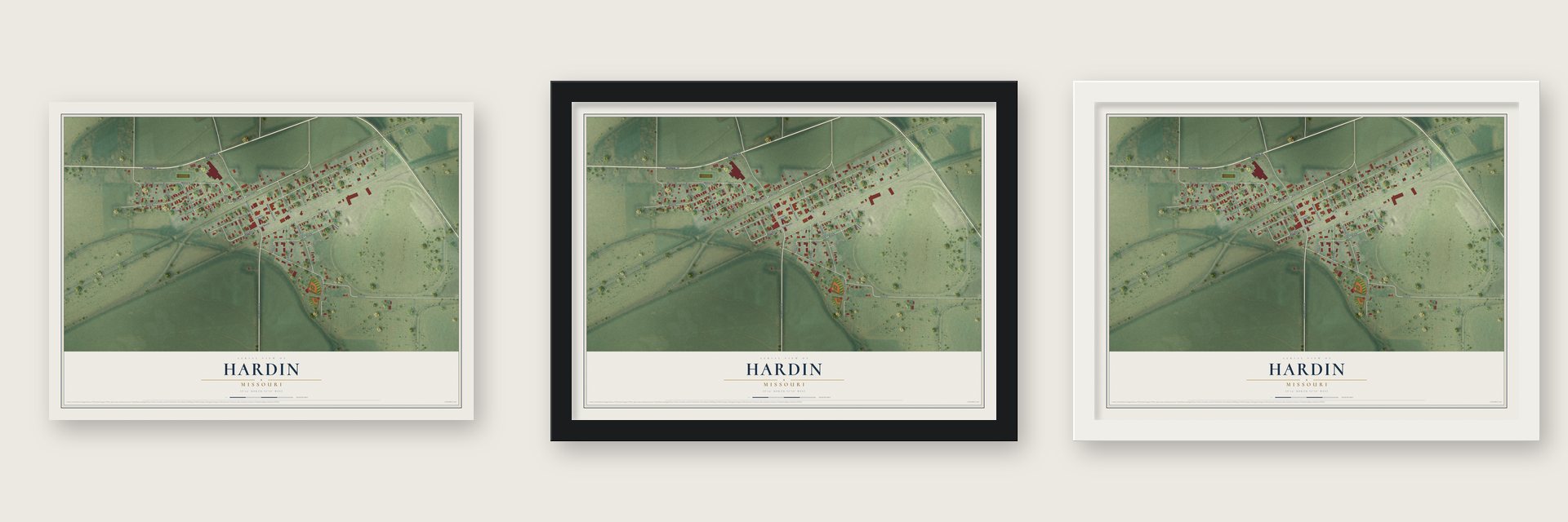 Hardin, Missouri map unframed, in a black wood frame and in a white wood frame
