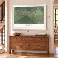 Hardin, Missouri map, 24 x 36 inch print in a white frame above a dresser by a staircase