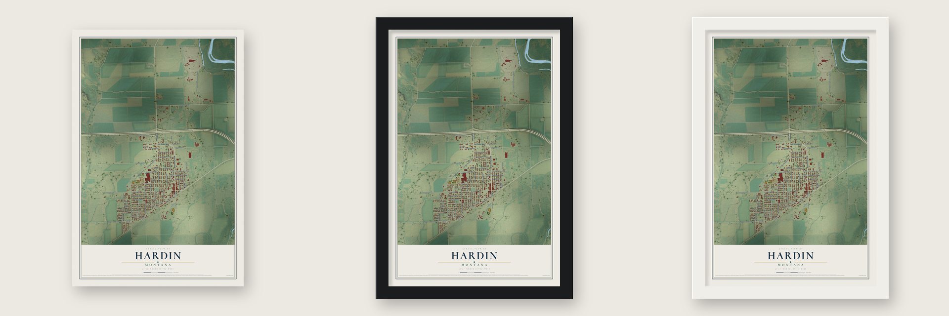Hardin, Montana map unframed, in a black wood frame and in a white wood frame