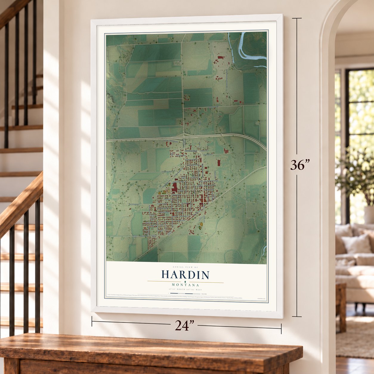 Hardin, Montana map, 24 x 36 inch print in a white frame by a staircase