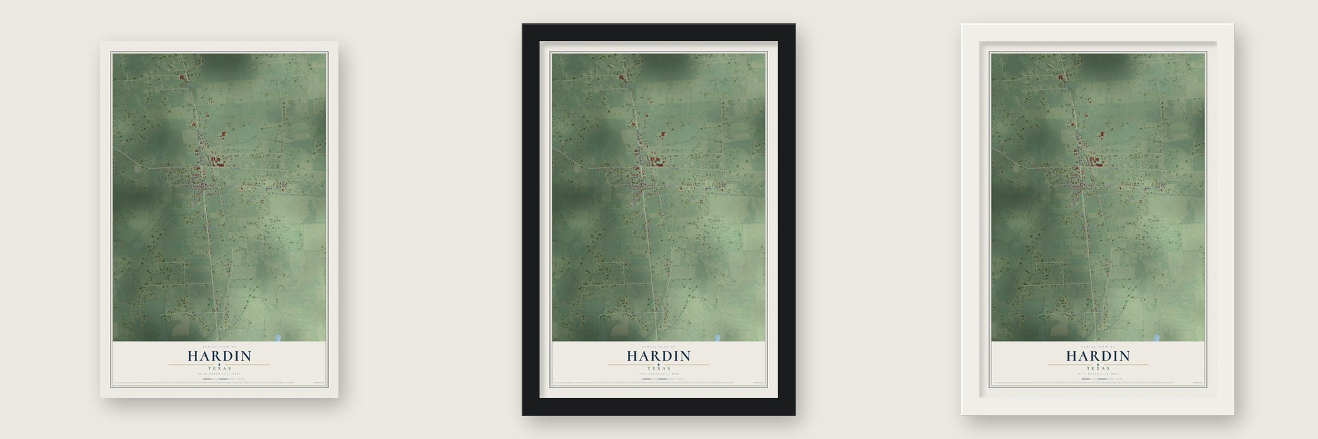 Hardin, Texas map unframed, in a black wood frame and in a white wood frame