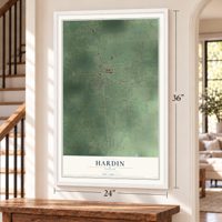 Hardin, Texas map, 24 x 36 inch print in a white frame by a staircase