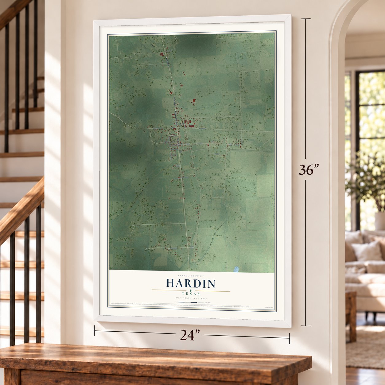 Hardin, Texas map, 24 x 36 inch print in a white frame by a staircase