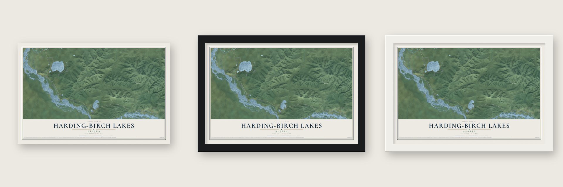 Harding-Birch Lakes, Alaska map unframed, in a black wood frame and in a white wood frame