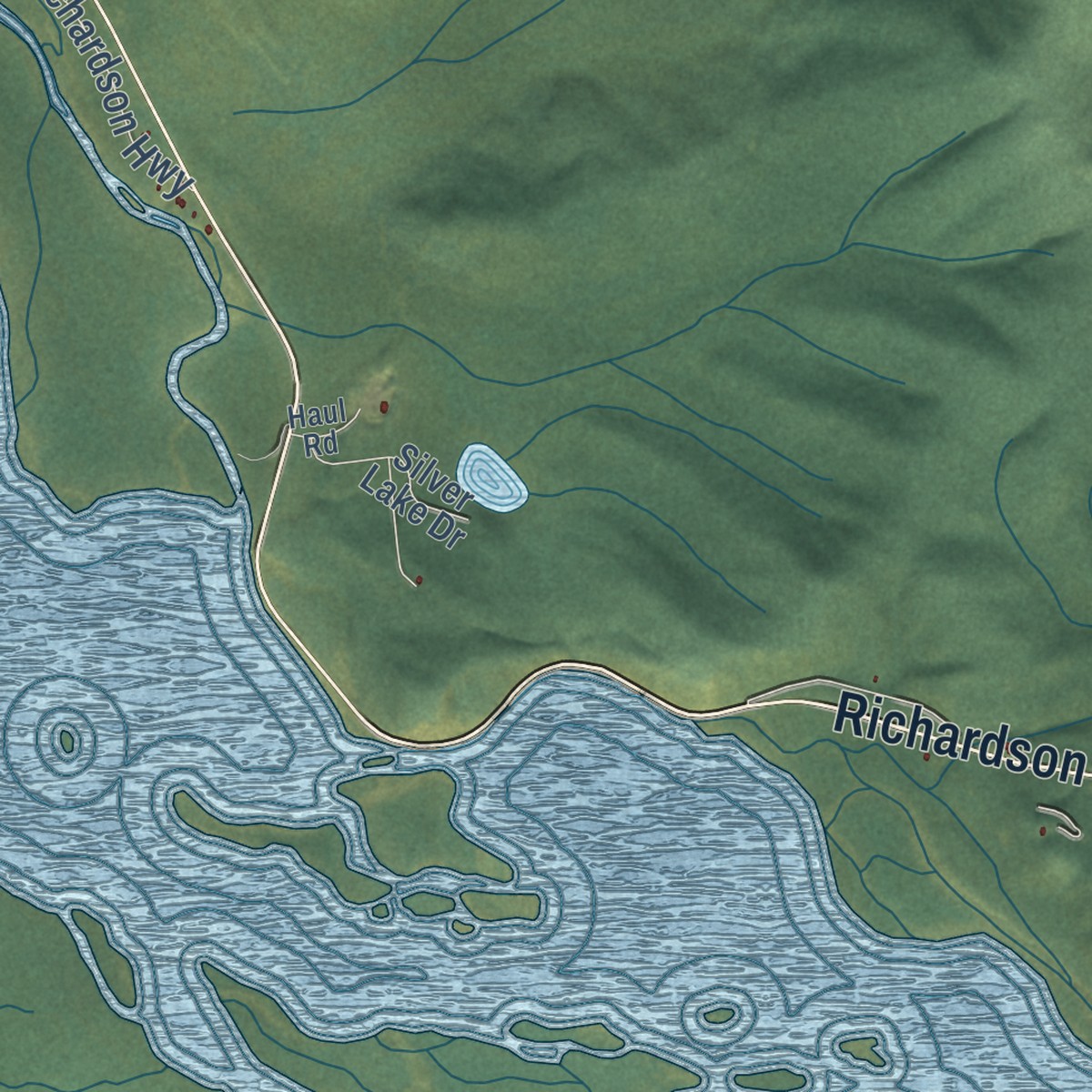 Second close-up of the map of Harding-Birch Lakes, Alaska print showing more streets and buildings