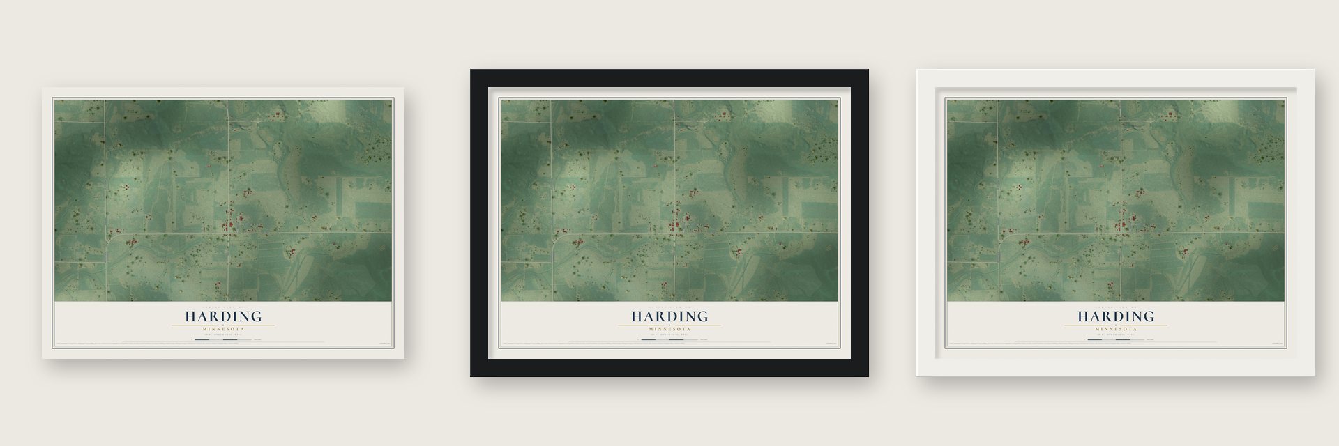 Harding, Minnesota map unframed, in a black wood frame and in a white wood frame