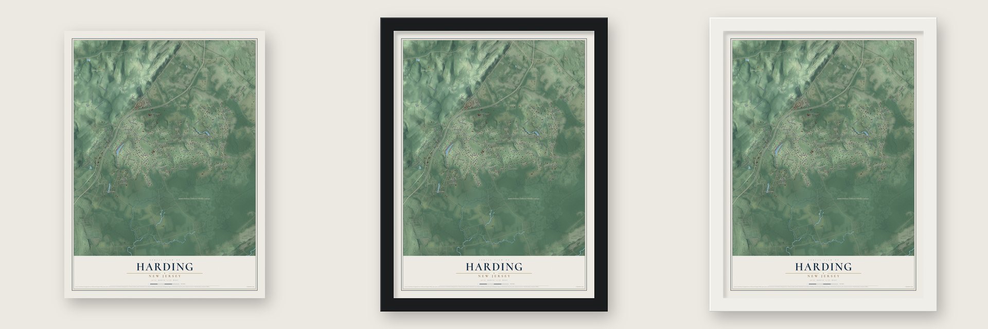 Harding, New Jersey map unframed, in a black wood frame and in a white wood frame