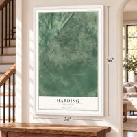 Harding, New Jersey map, 24 x 36 inch print in a white frame by a staircase
