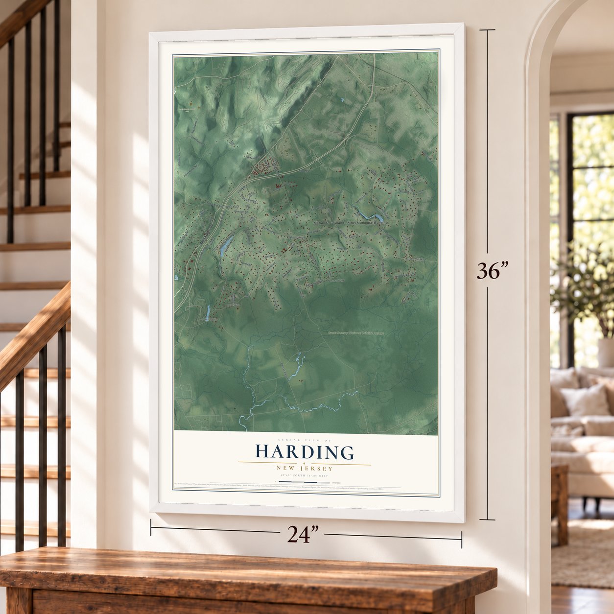 Harding, New Jersey map, 24 x 36 inch print in a white frame by a staircase