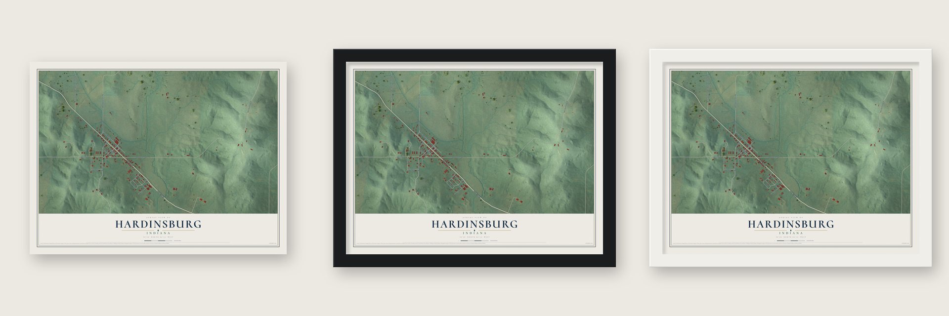 Hardinsburg, Indiana map unframed, in a black wood frame and in a white wood frame
