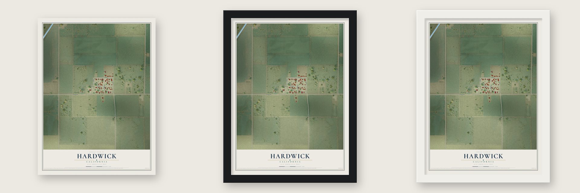 Hardwick, California map unframed, in a black wood frame and in a white wood frame
