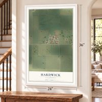 Hardwick, California map, 24 x 36 inch print in a white frame by a staircase