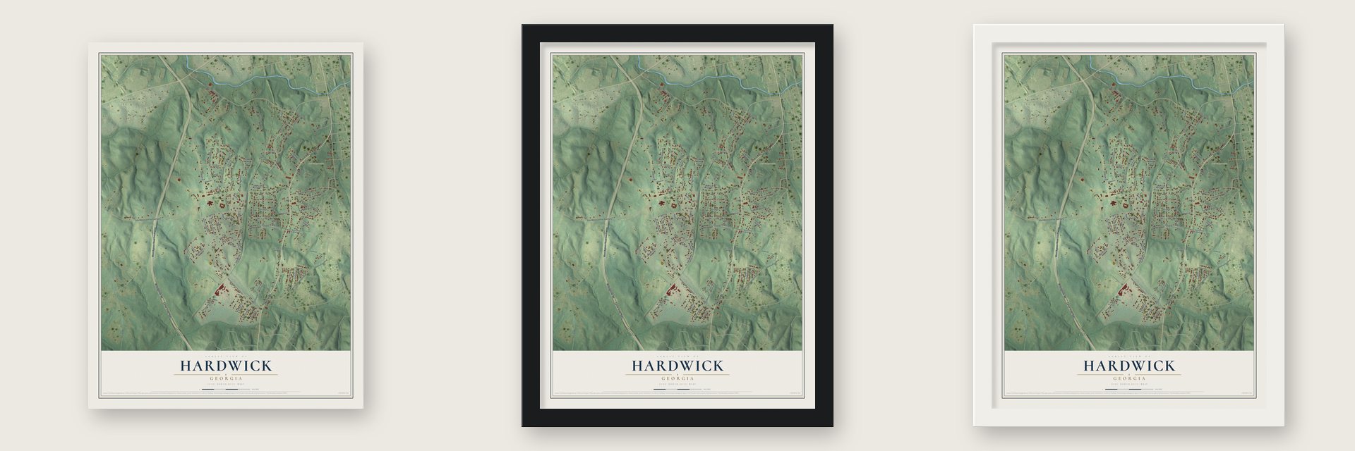 Hardwick, Georgia map unframed, in a black wood frame and in a white wood frame