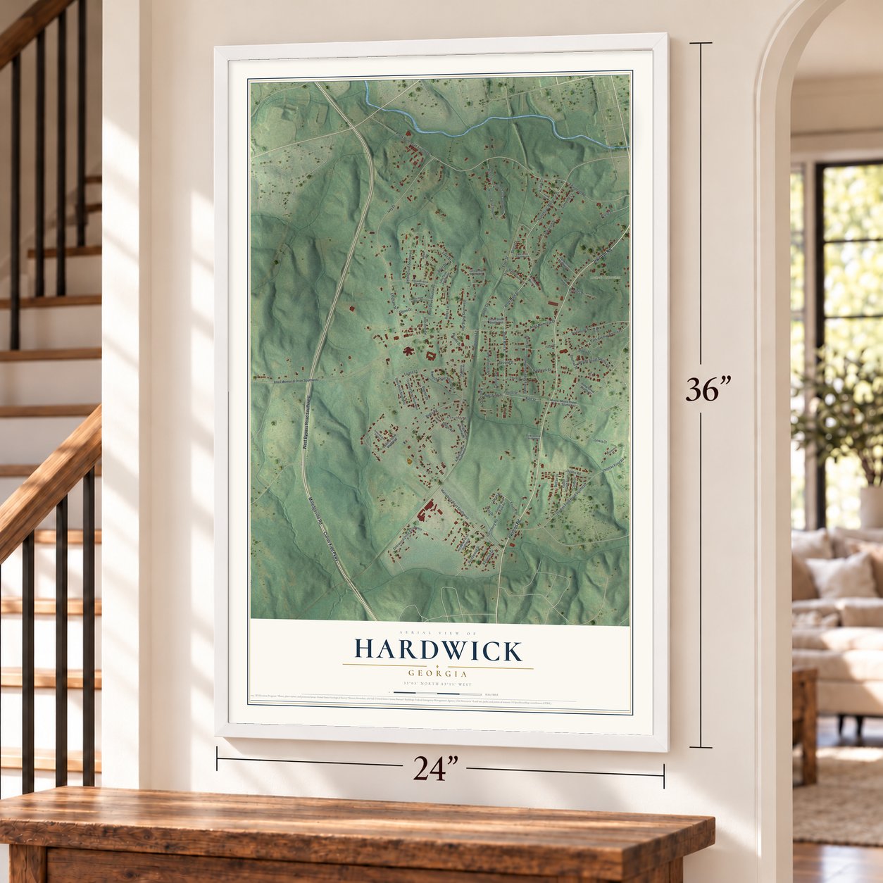 Hardwick, Georgia map, 24 x 36 inch print in a white frame by a staircase