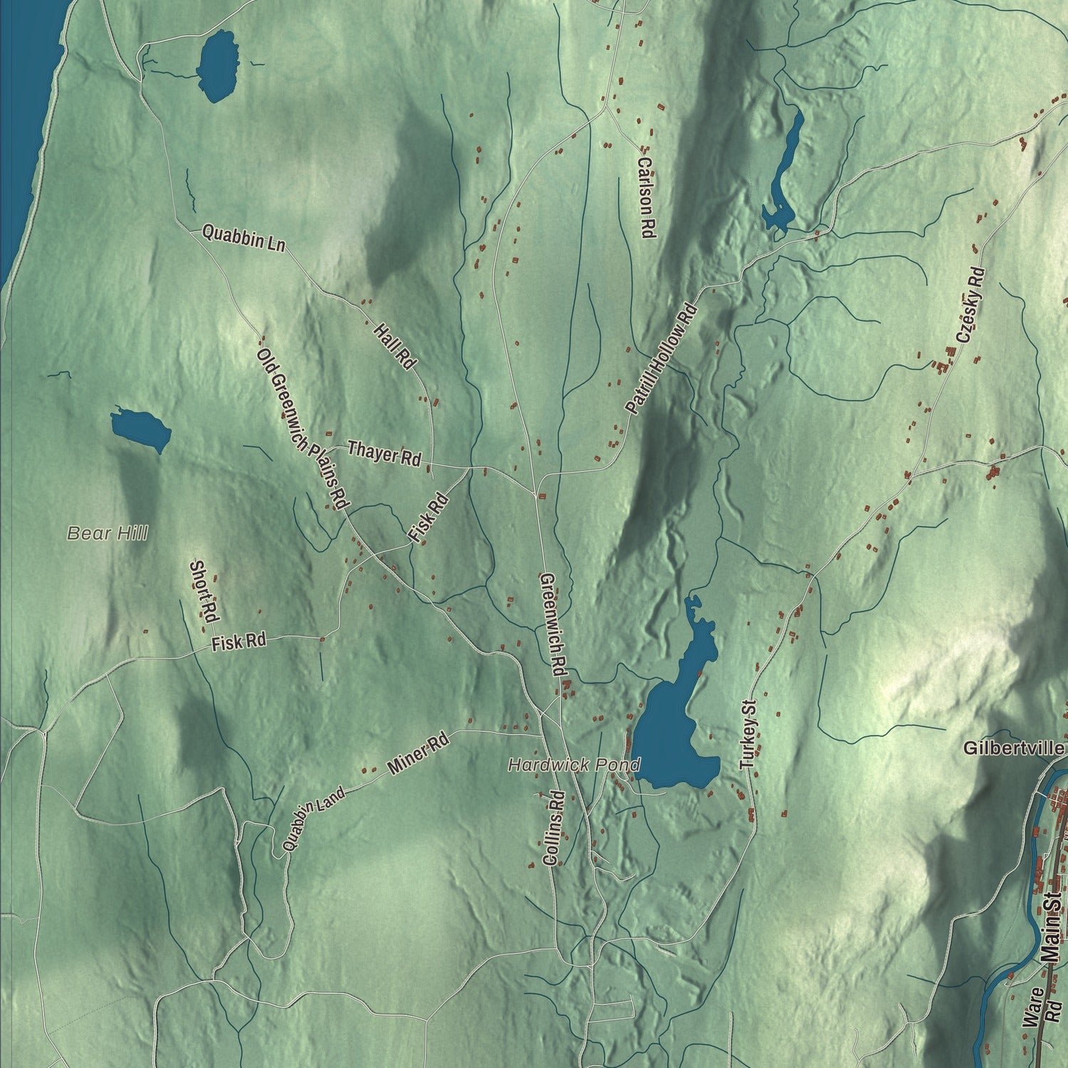 Close-up of the map of Hardwick, Massachusetts print showing terrain and local geography