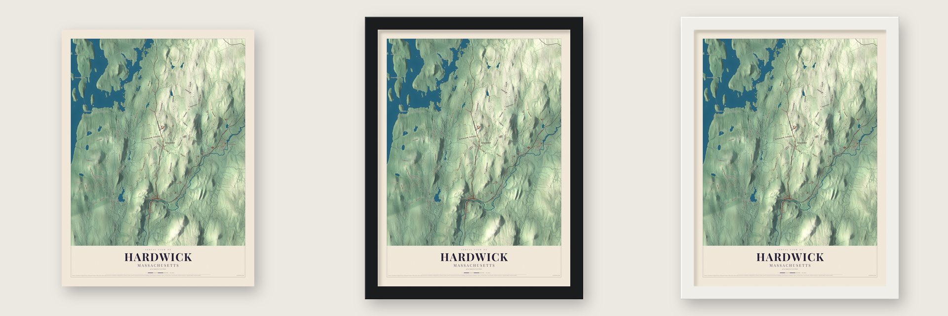 Hardwick, Massachusetts map unframed, in a black wood frame and in a white wood frame