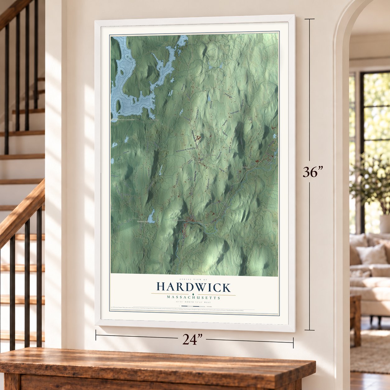 Hardwick, Massachusetts map, 24 x 36 inch print in a white frame by a staircase
