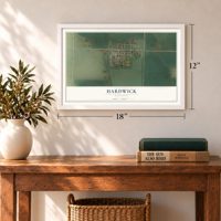Hardwick, Minnesota map, 12 x 18 inch print in a white frame in an entryway