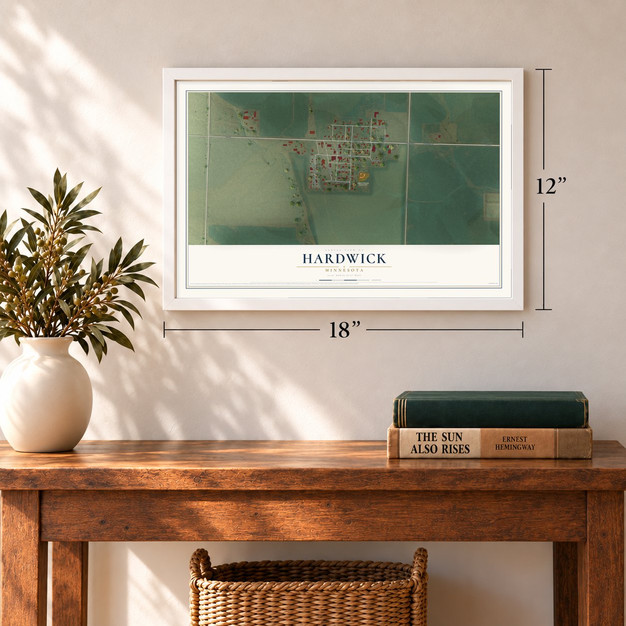 Hardwick, Minnesota map, 12 x 18 inch print in a white frame in an entryway