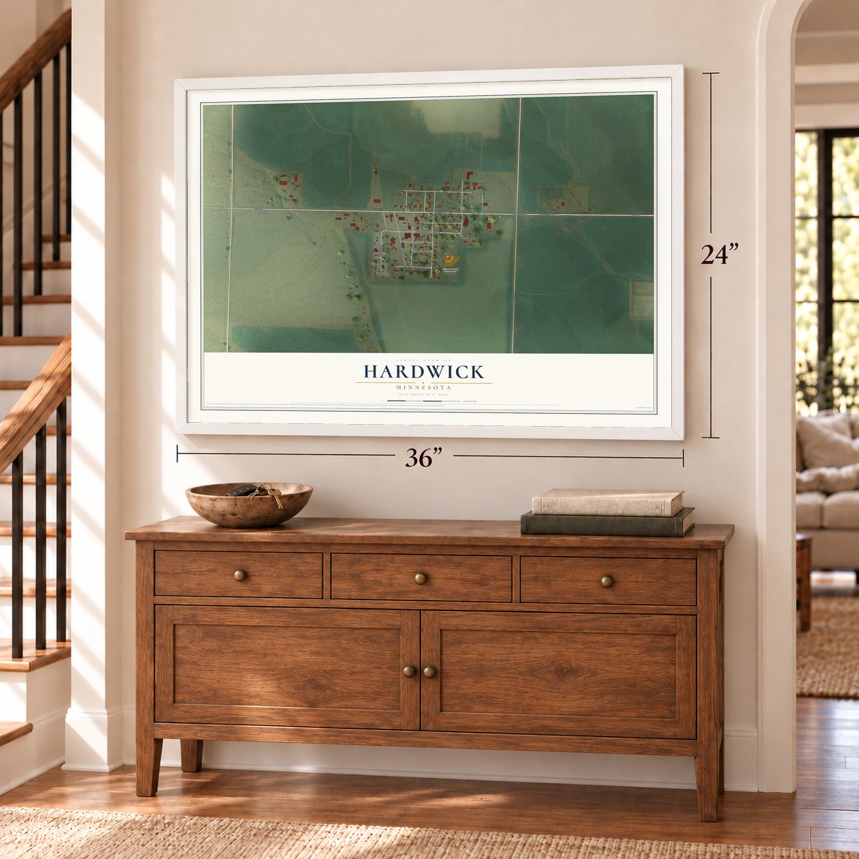 Hardwick, Minnesota map, 24 x 36 inch print in a white frame above a dresser by a staircase