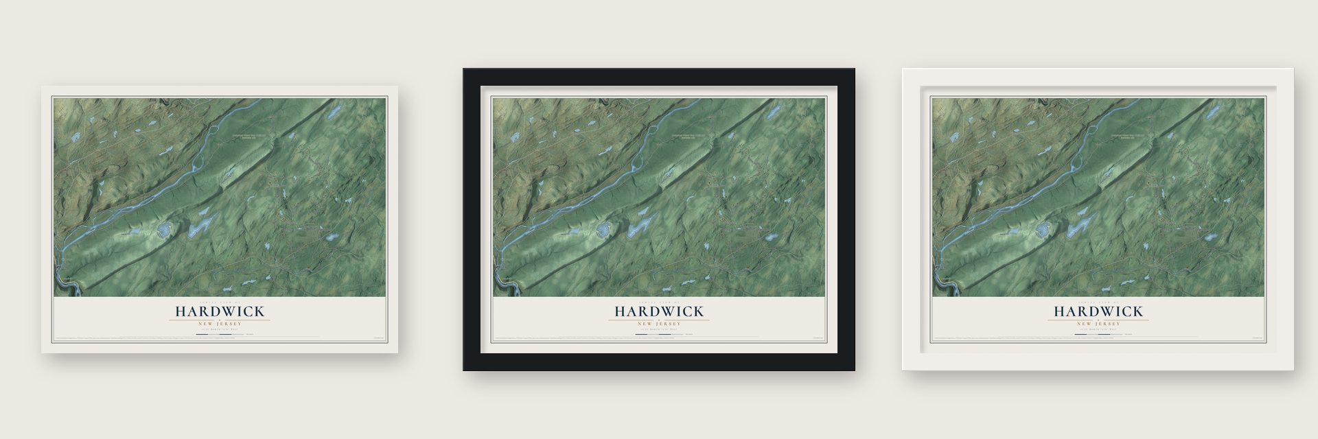 Hardwick, New Jersey map unframed, in a black wood frame and in a white wood frame