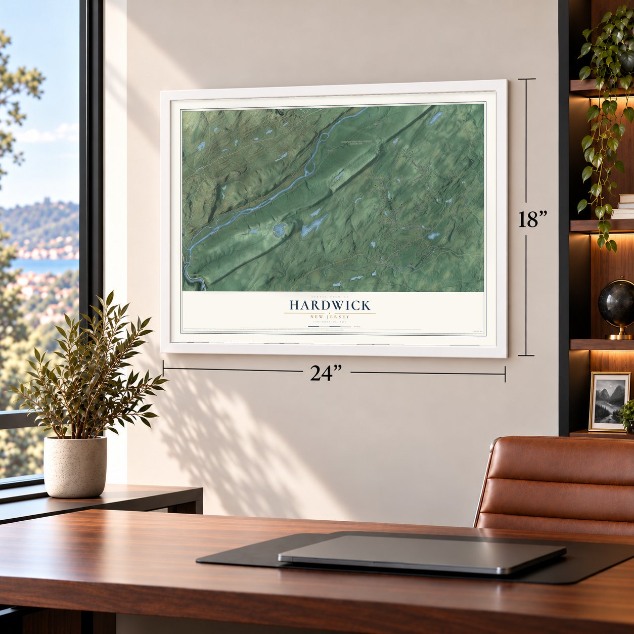 Hardwick, New Jersey map, 18 x 24 inch print in a white frame in a home office