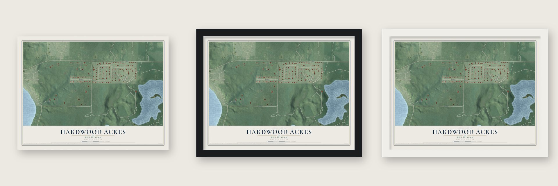 Hardwood Acres, Michigan map unframed, in a black wood frame and in a white wood frame