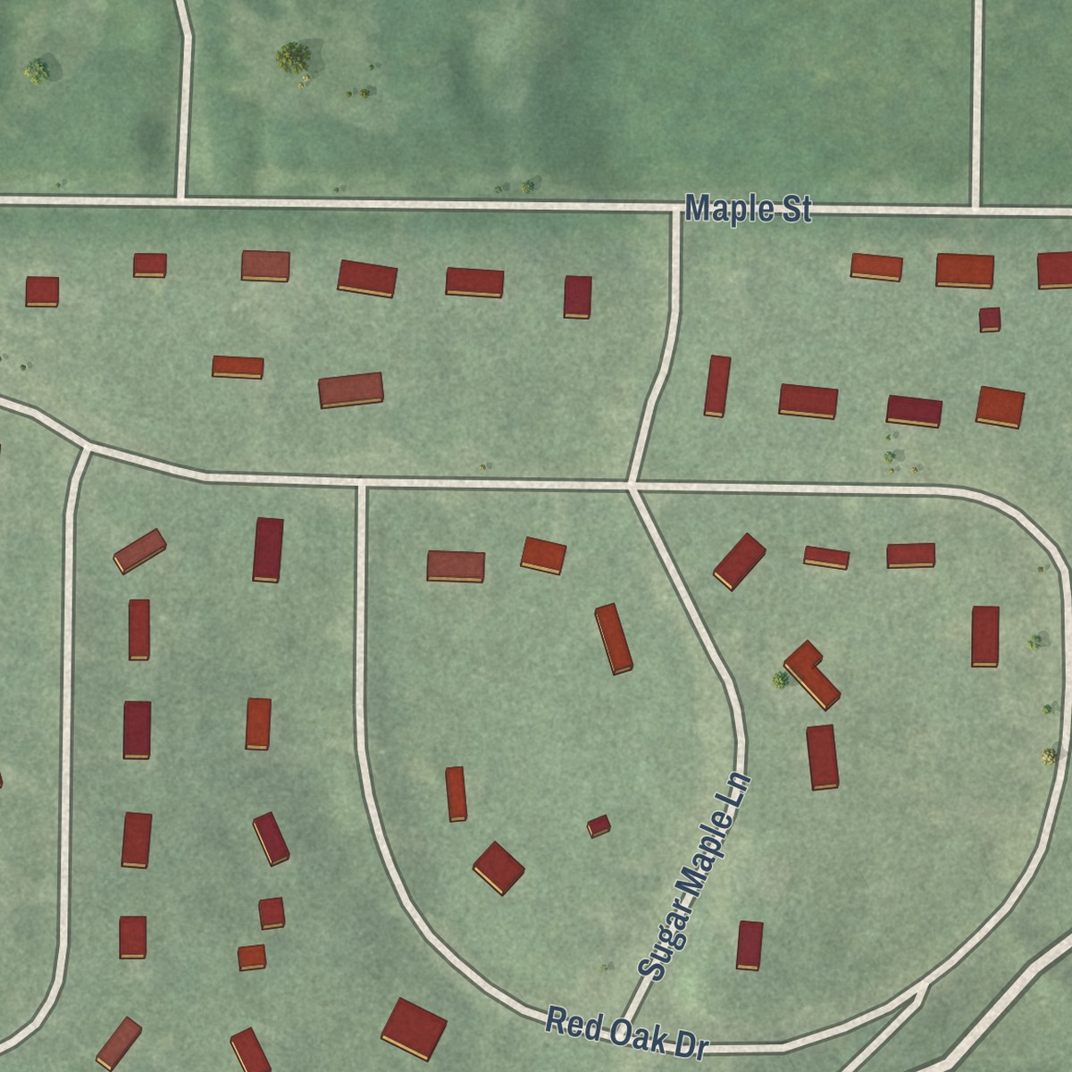 Second close-up of the map of Hardwood Acres, Michigan print showing more streets and buildings