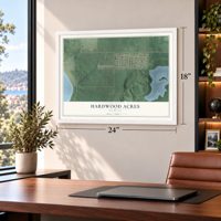 Hardwood Acres, Michigan map, 18 x 24 inch print in a white frame in a home office