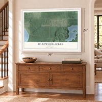Hardwood Acres, Michigan map, 24 x 36 inch print in a white frame above a dresser by a staircase