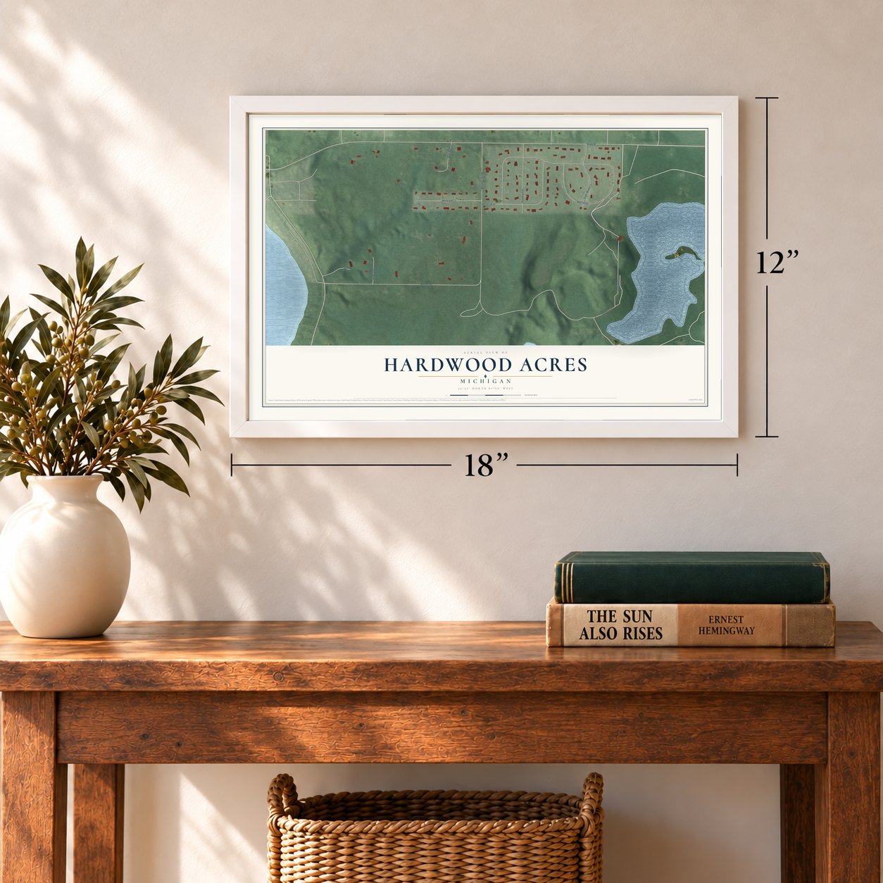 Hardwood Acres, Michigan map, 12 x 18 inch print in a white frame in an entryway