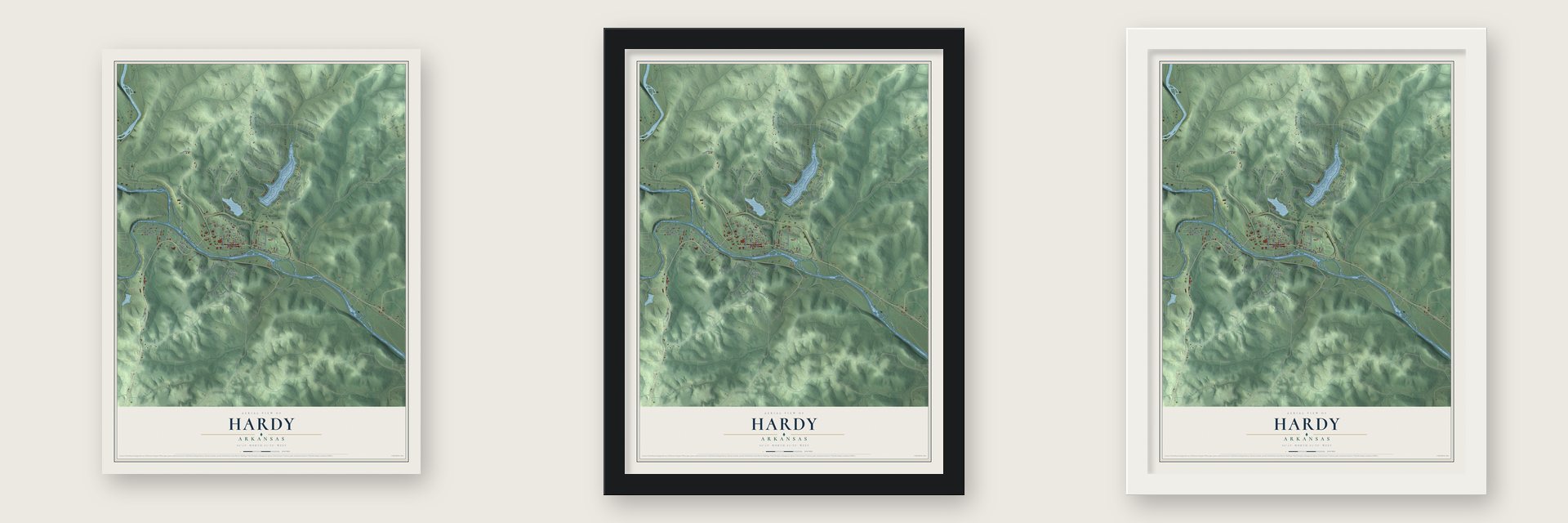 Hardy, Arkansas map unframed, in a black wood frame and in a white wood frame