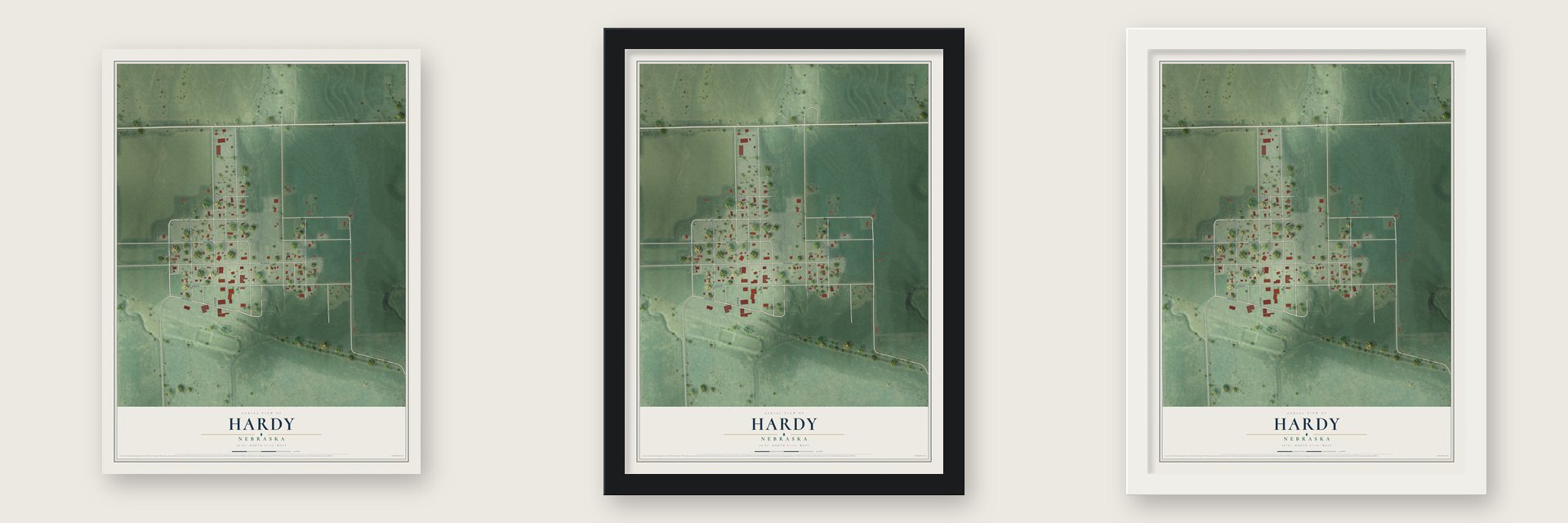Hardy, Nebraska map unframed, in a black wood frame and in a white wood frame