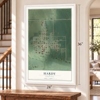 Hardy, Nebraska map, 24 x 36 inch print in a white frame by a staircase