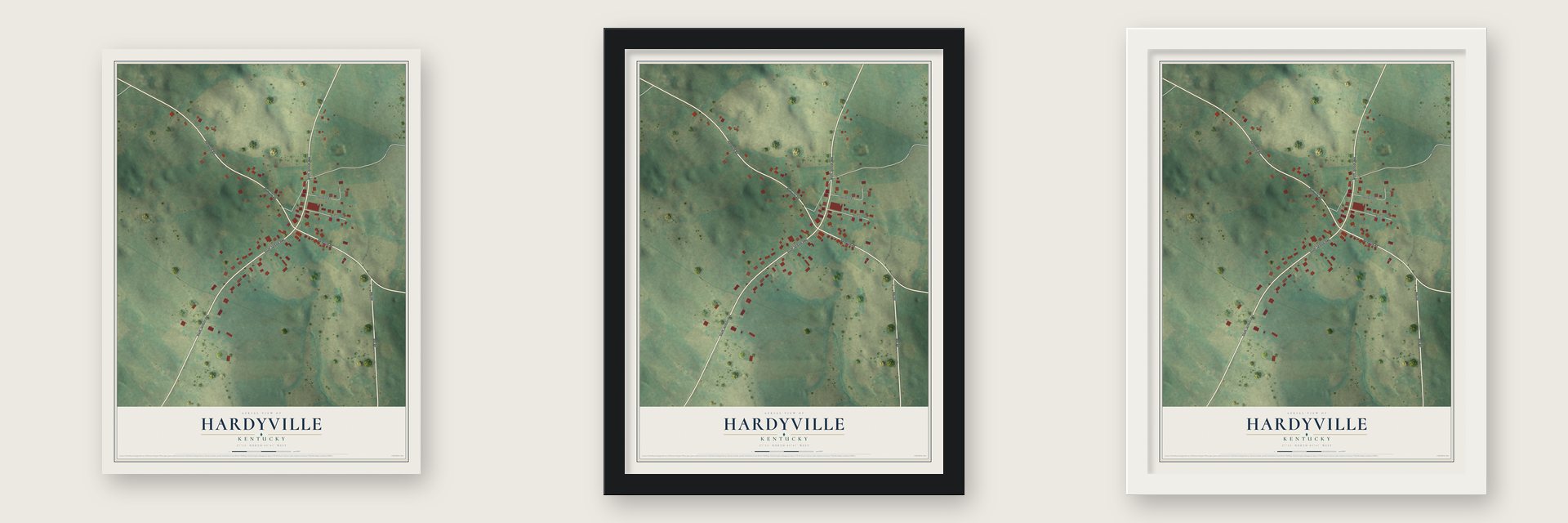 Hardyville, Kentucky map unframed, in a black wood frame and in a white wood frame
