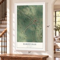 Hardyville, Kentucky map, 24 x 36 inch print in a white frame by a staircase