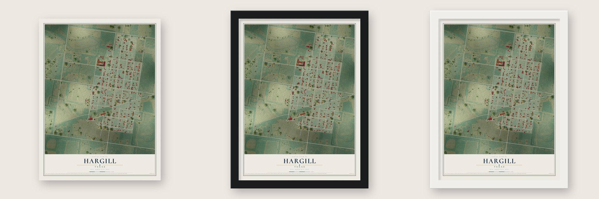 Hargill, Texas map unframed, in a black wood frame and in a white wood frame