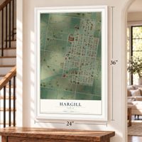 Hargill, Texas map, 24 x 36 inch print in a white frame by a staircase