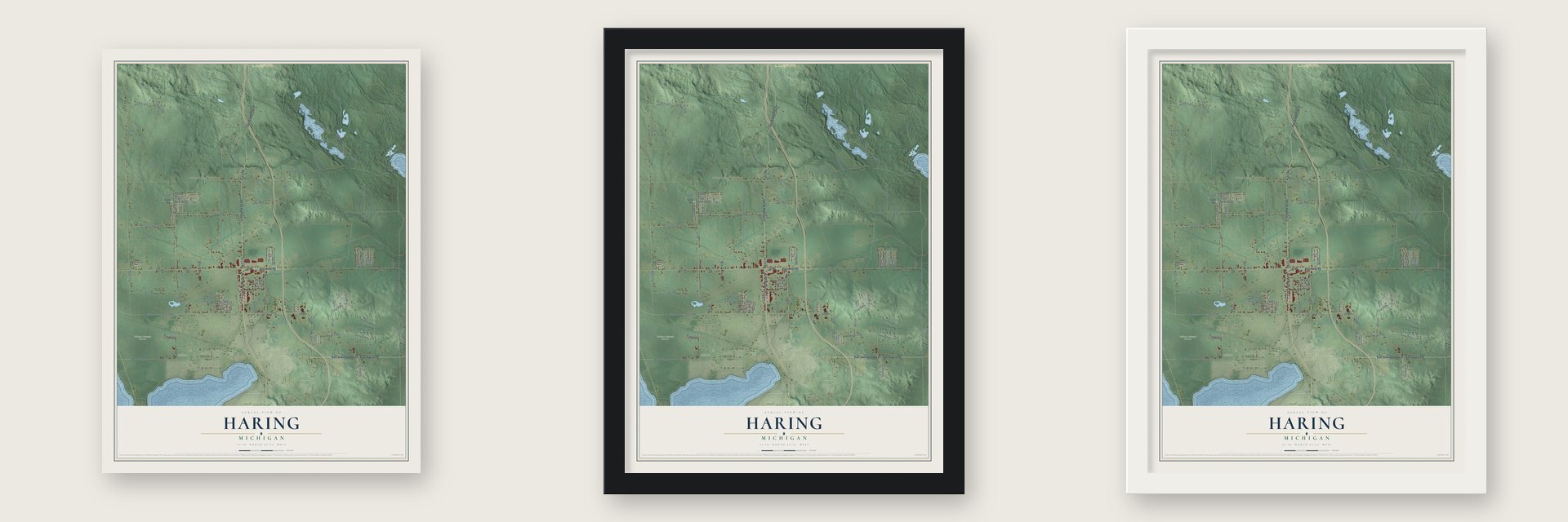 Haring, Michigan map unframed, in a black wood frame and in a white wood frame