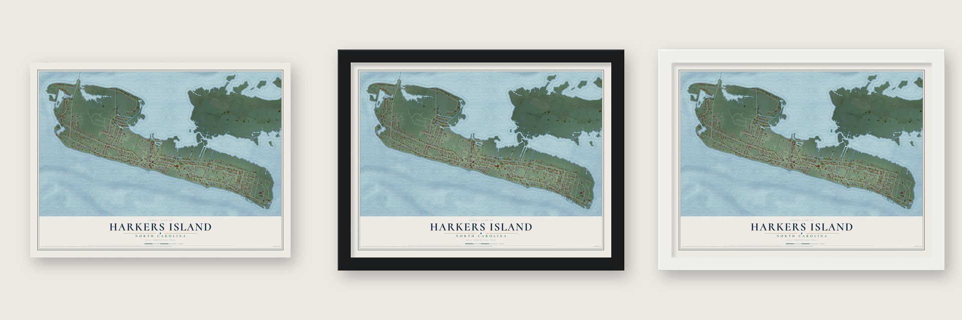 Harkers Island, North Carolina map unframed, in a black wood frame and in a white wood frame