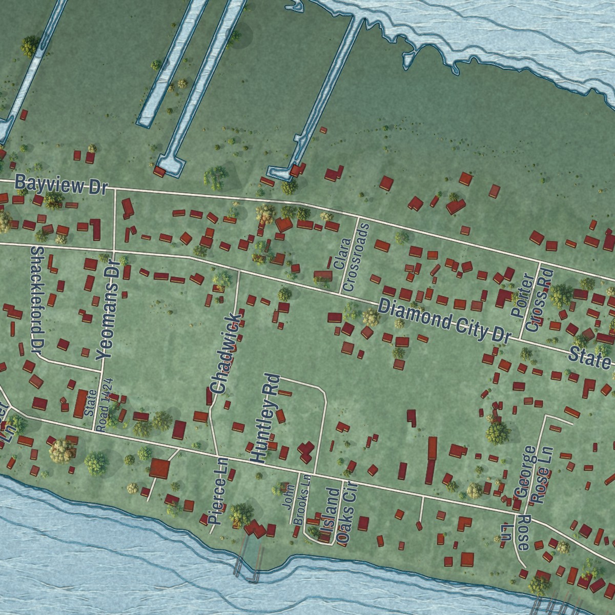 Second close-up of the map of Harkers Island, North Carolina print showing more streets and buildings