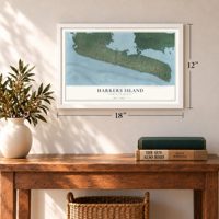 Harkers Island, North Carolina map, 12 x 18 inch print in a white frame in an entryway