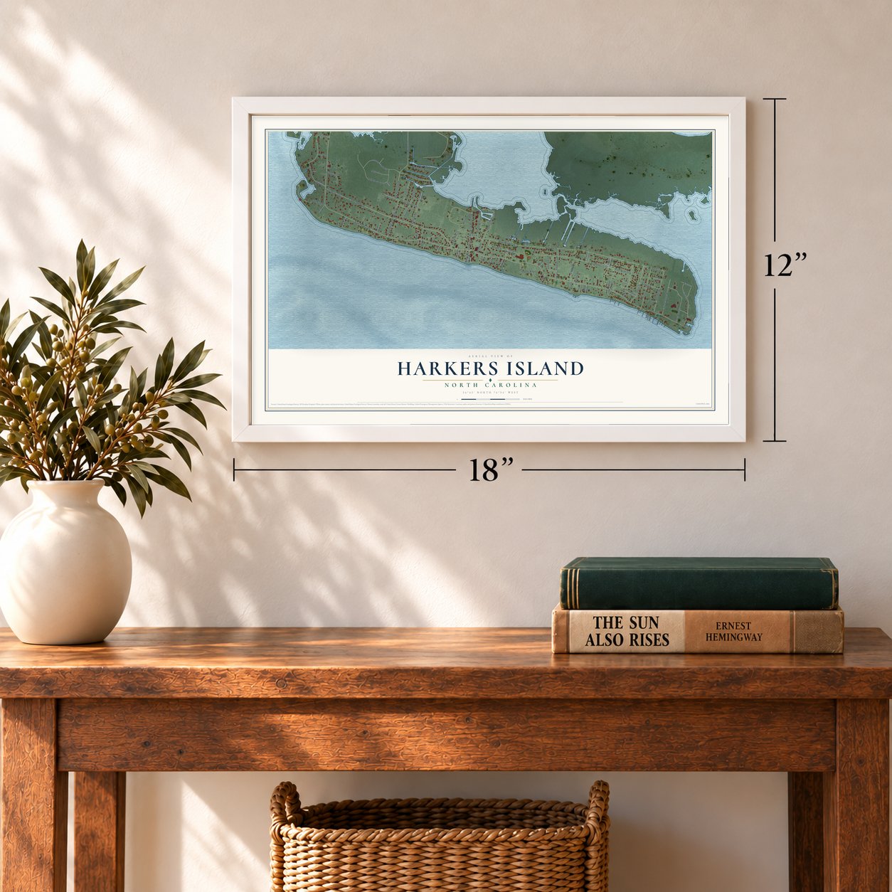 Harkers Island, North Carolina map, 12 x 18 inch print in a white frame in an entryway