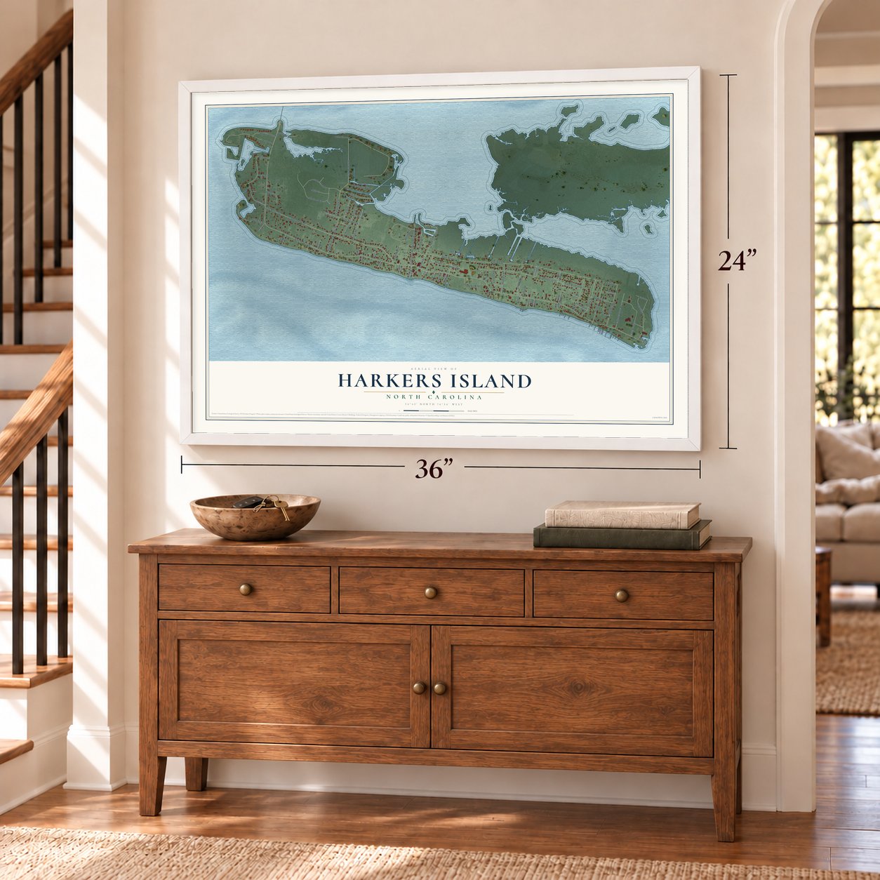 Harkers Island, North Carolina map, 24 x 36 inch print in a white frame above a dresser by a staircase