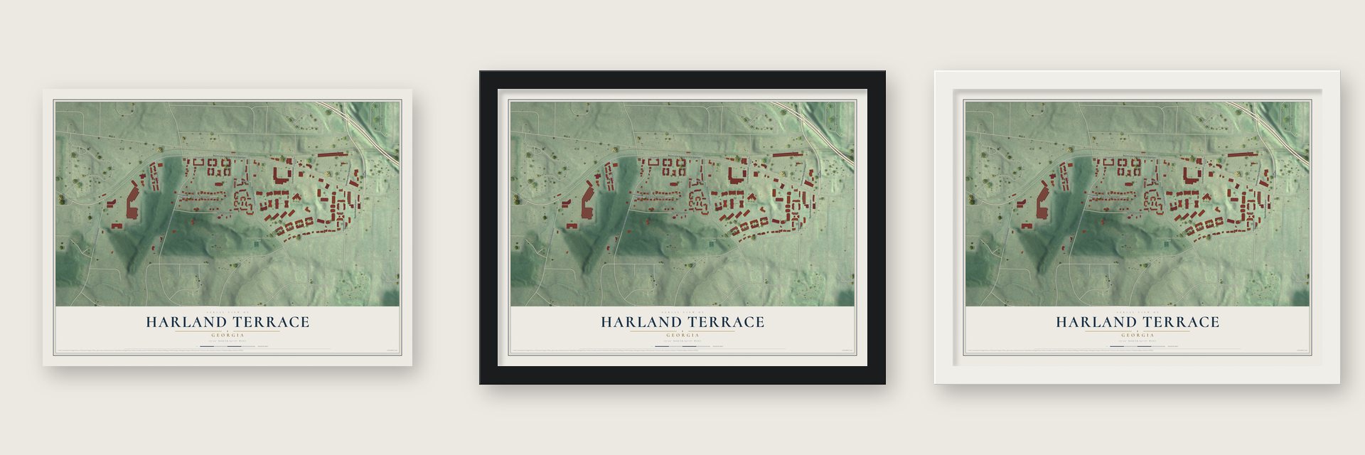Harland Terrace, Georgia map unframed, in a black wood frame and in a white wood frame