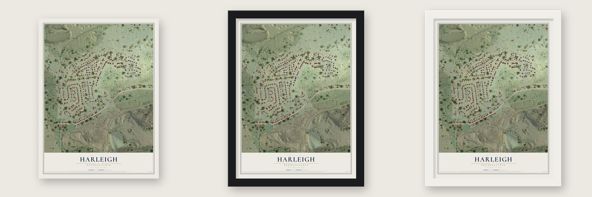 Harleigh, Pennsylvania map unframed, in a black wood frame and in a white wood frame